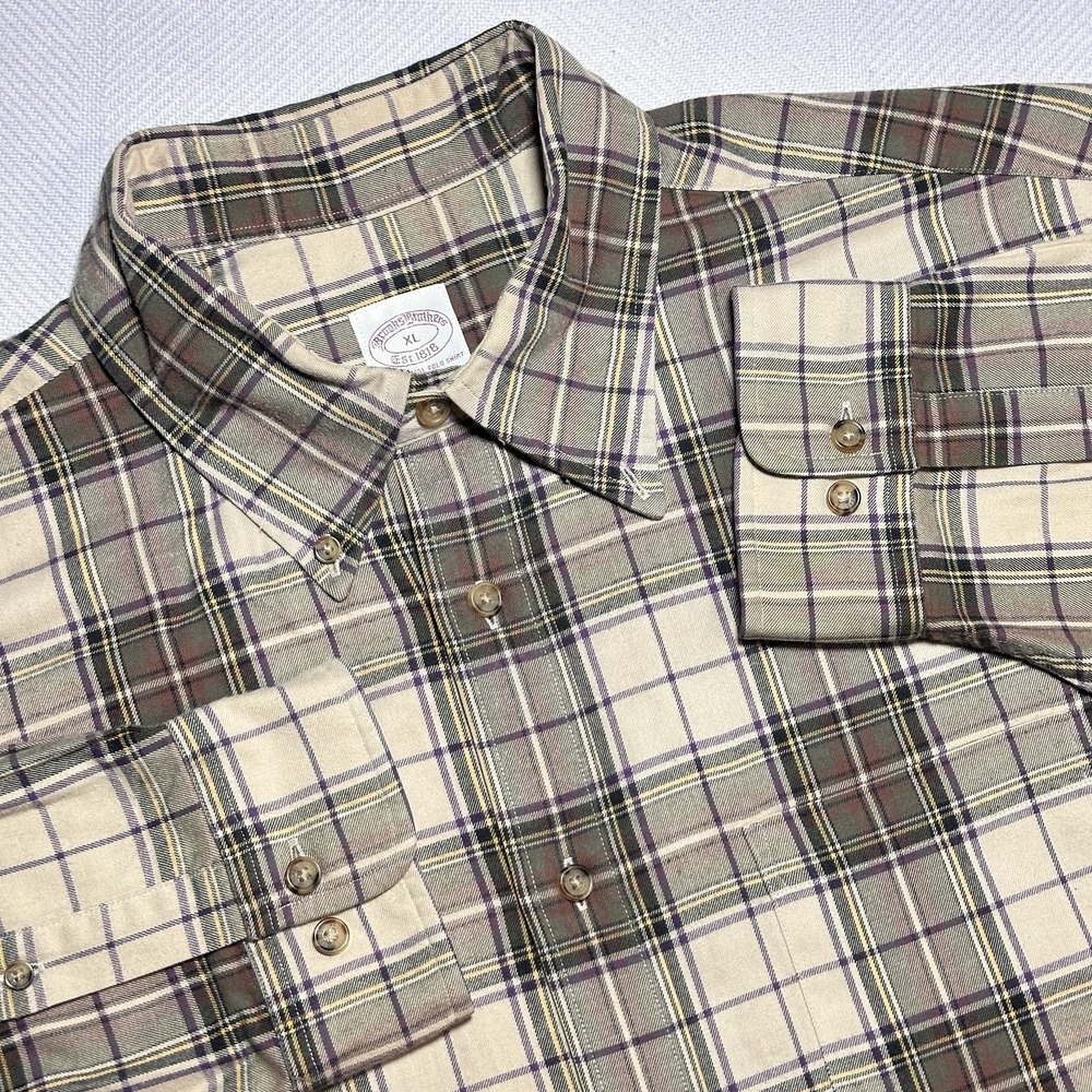 Brooks Brothers Button Down Flannel Shirt Mens XL Brown Plaid Cotton Pocket